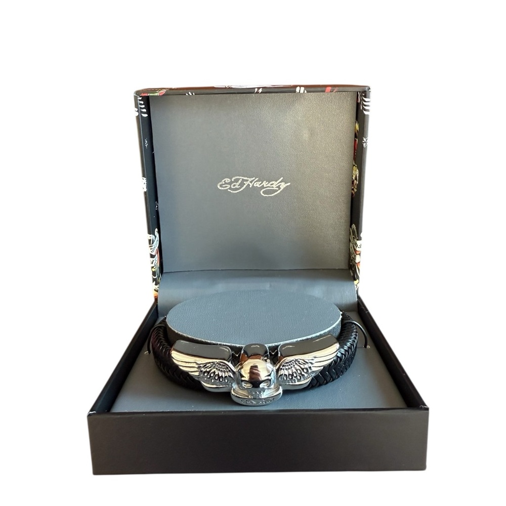 Ed Hardy Black Bracelet with Silver Winged Design